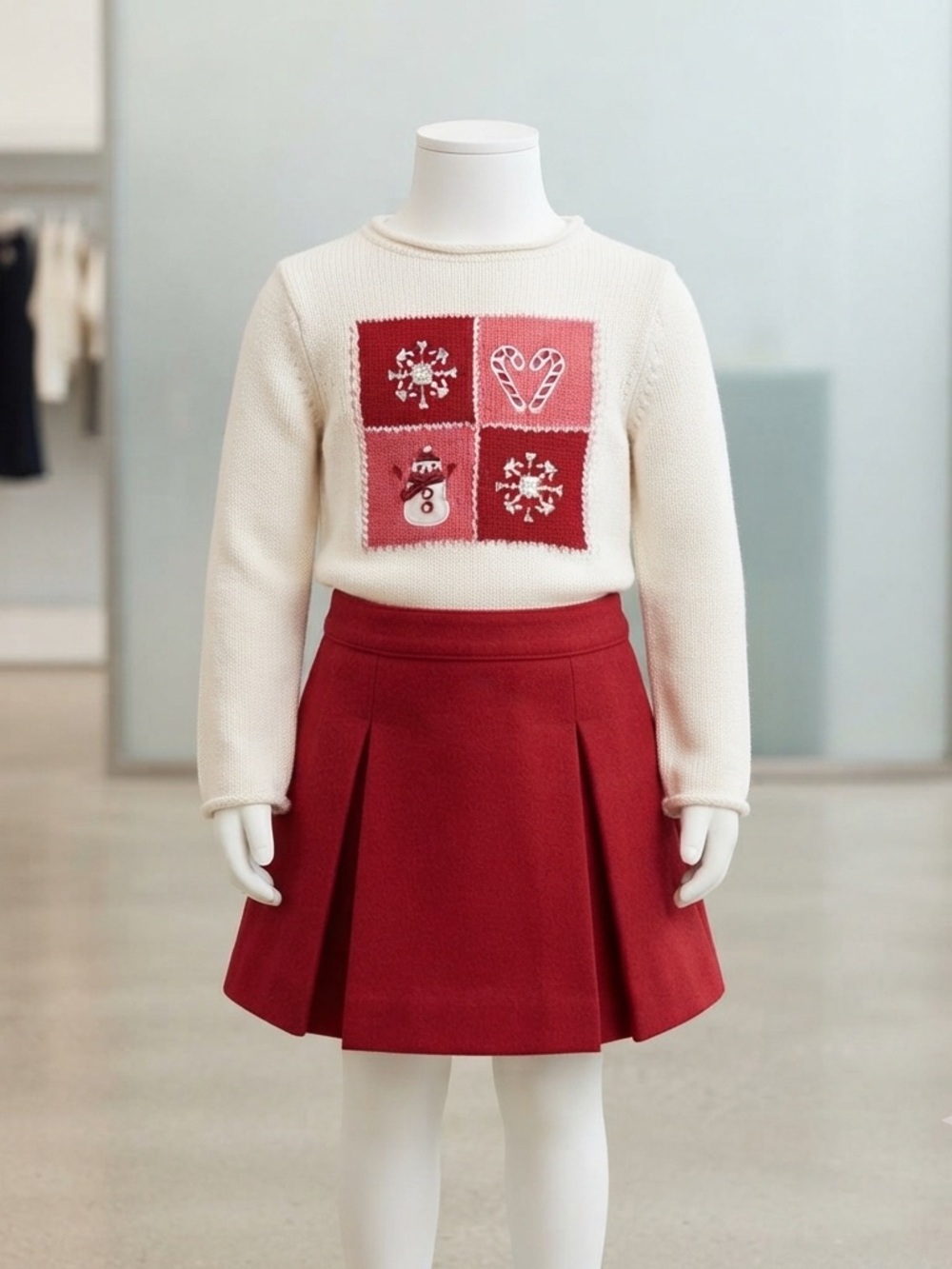 Greendog Cream Sweater with Red & Pink Holiday Patch